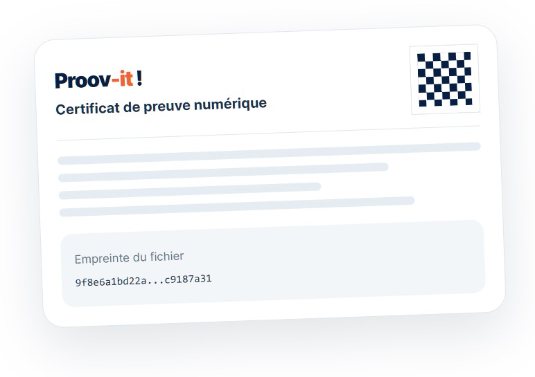 Certificat de preuve Proov-it mentionnant la date, la position et l'empreinte du fichier