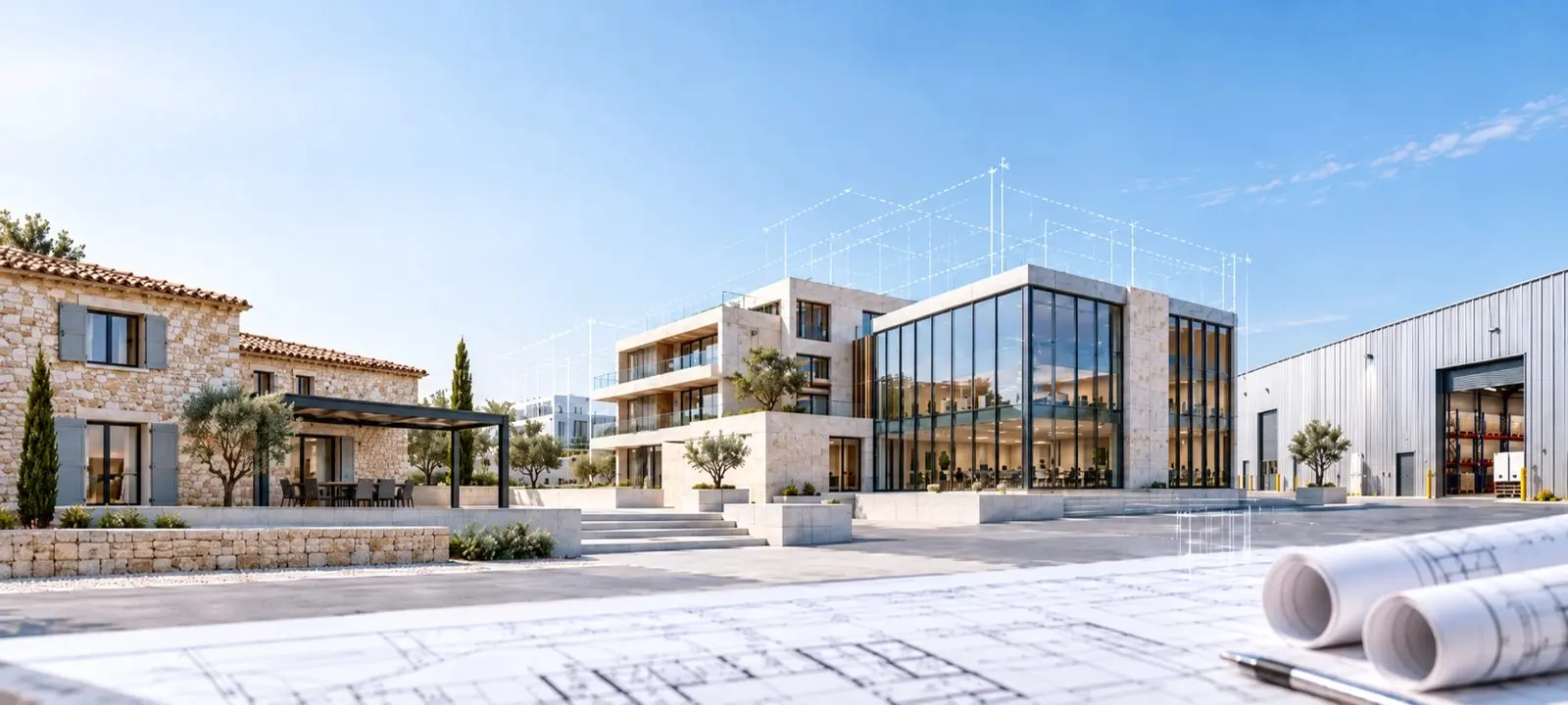 Maisons, immeubles de bureaux et locaux d’activité sur des plans d’architecte
